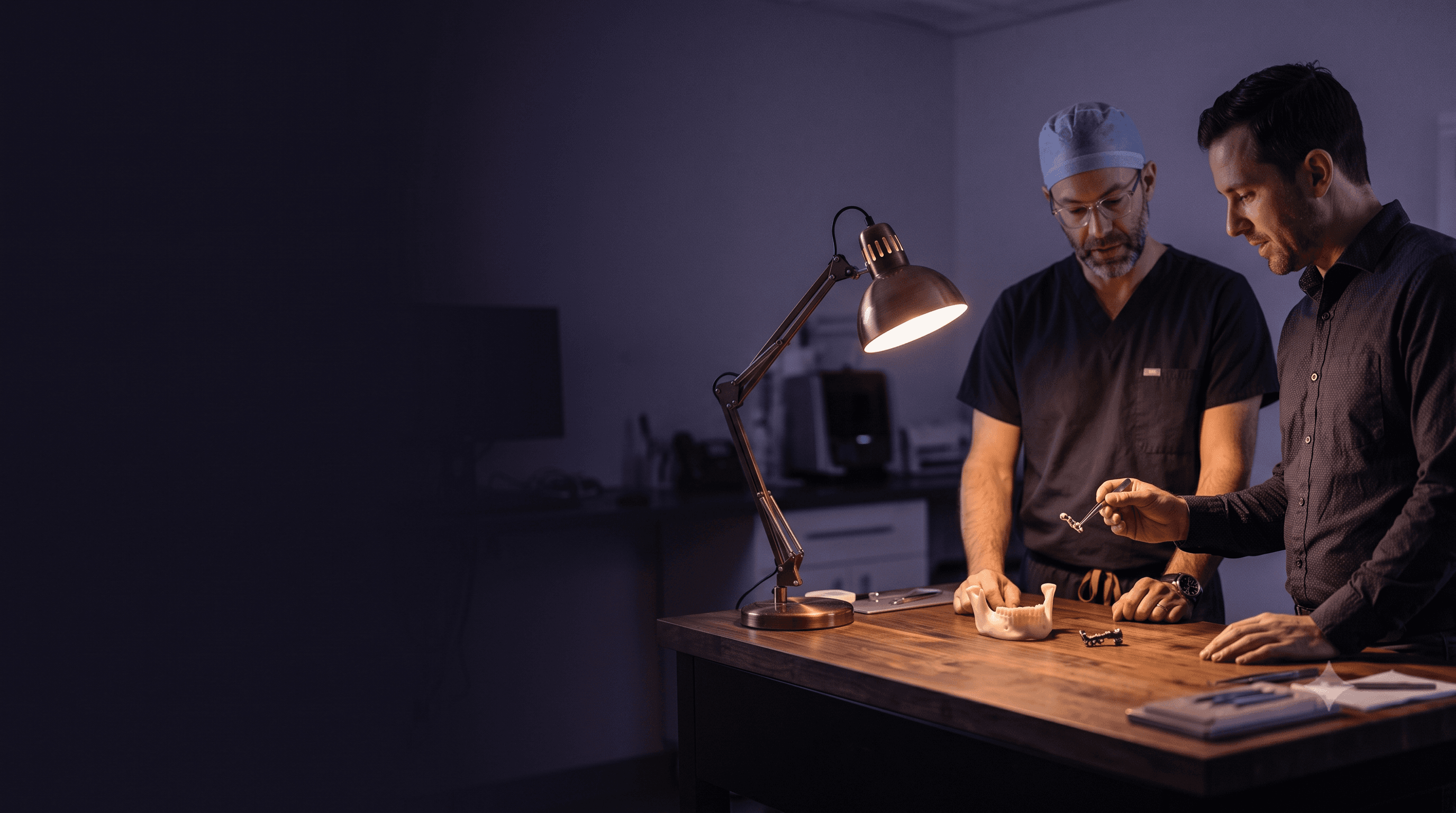 Equipe da Surge Mold avaliando um modelo de mandíbula e uma prótese
